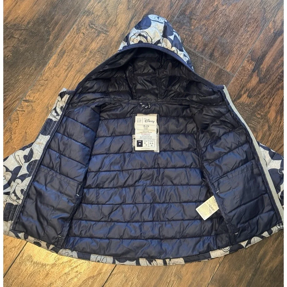 Baby Gap Disney Mickey Mouse Puffer Jacket 18-24 Months Grey Navy Hooded Winter
